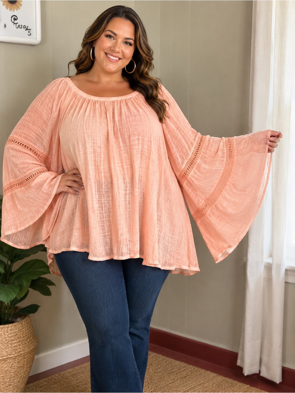 Spense Woman 3X Peach Bell-Sleeve Boho Peasant Tunic Top NWT